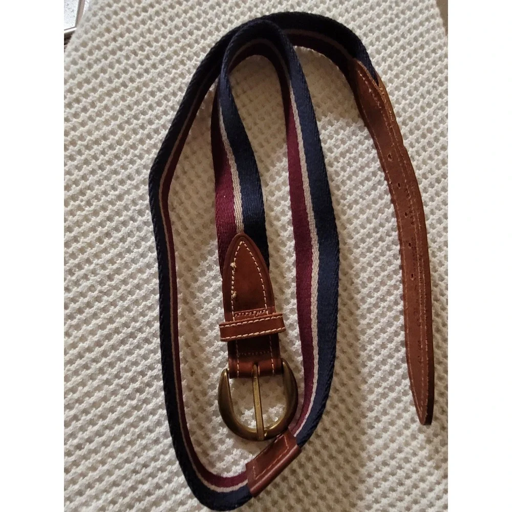 Alexander Julian Colours Mens Striped Canvas Leather Belt Burgundy Navy‎ Size 40